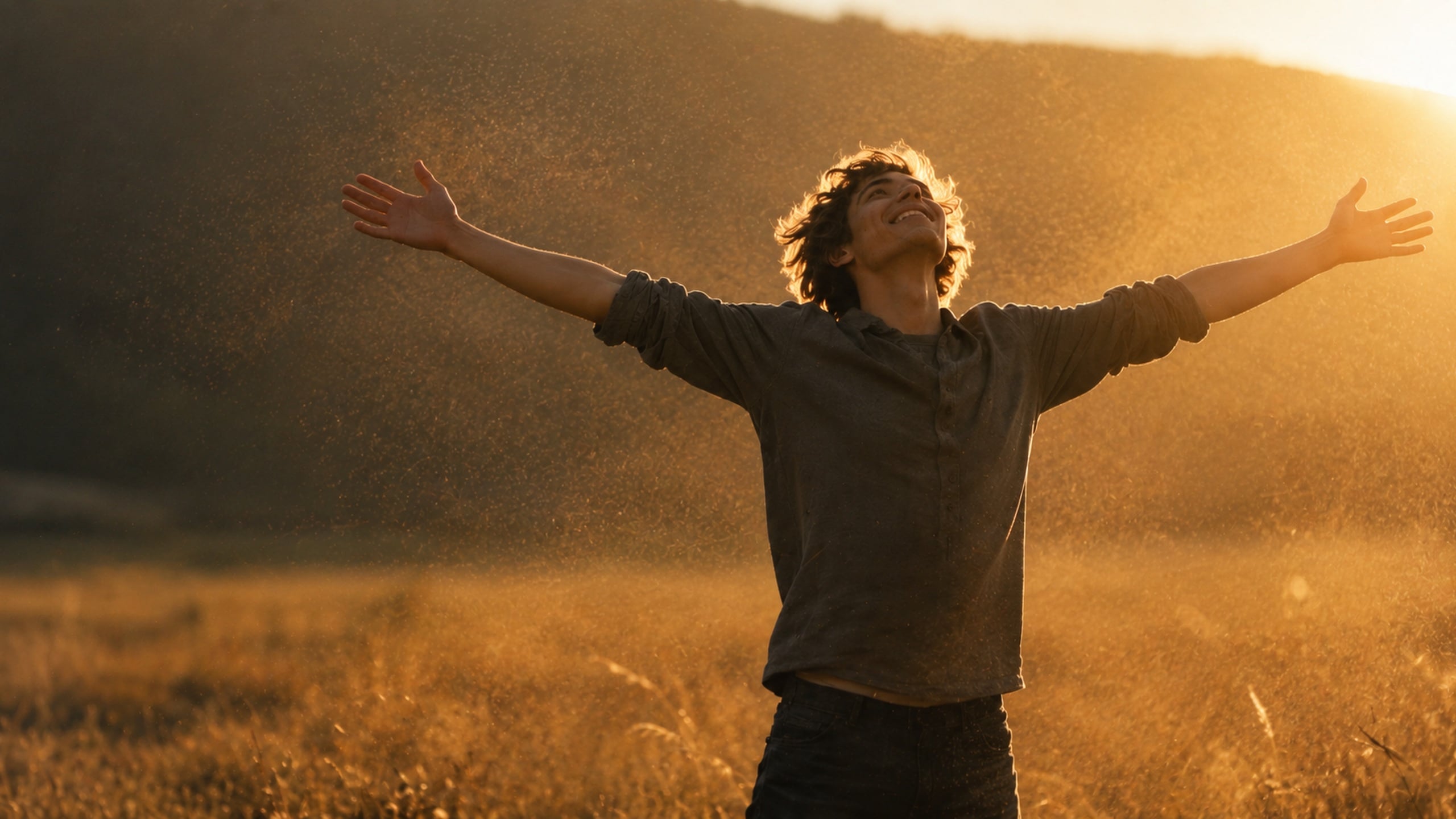 Freedom — a person with arms wide open in golden light